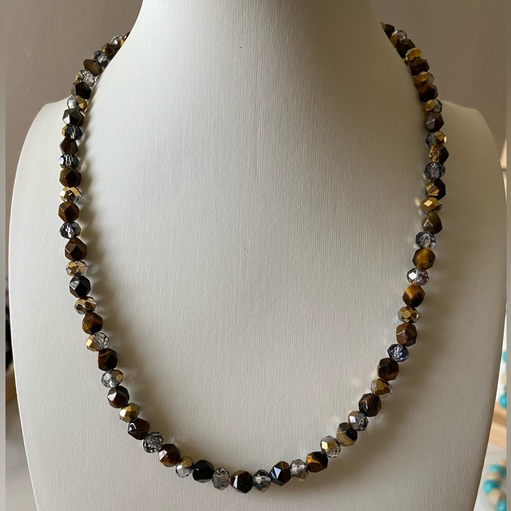 Faceted tiger eye and gold plated crystal 925 sterling silver necklace